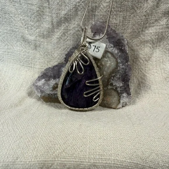 Natural Purple Amethyst Teardrop Silver Wire Wrapped Artisan Pendant - Picture 1 of 3